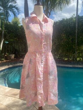 Tommy Bahama Pink Tropical Print Sleeveless Midi Shirt Dress